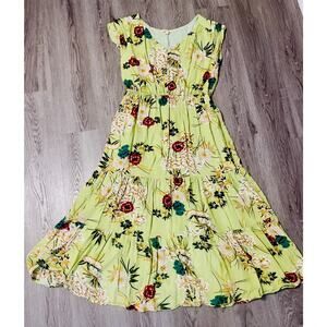 Chartreuse Floral Print Tiered Ruffle Maxi Dress Smocked Waist Small Boho Fairy